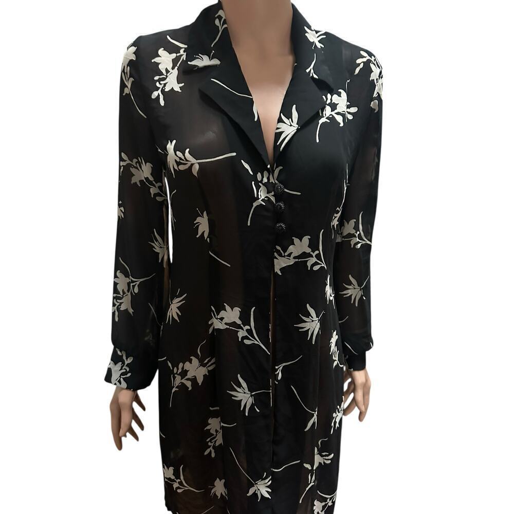 VANY Women’s Sheer Black Floral ButtonDown Shirt Dress Long Sleeve Cover-Up.SZ-8 - Picture 3 of 8